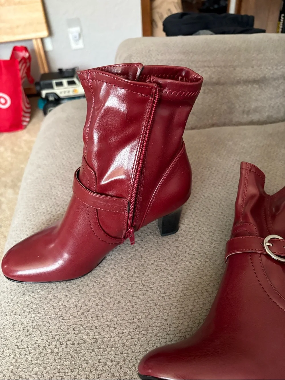 Studio Works Wine Red Buckle Ankle Booties with Block Heel